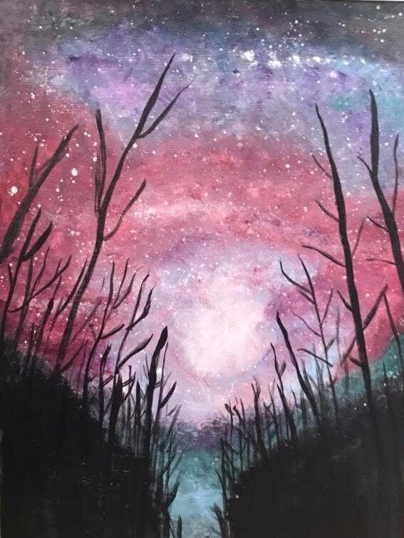 Faith Viens painting of a starry pink and purple galaxy sky over silhouetted trees