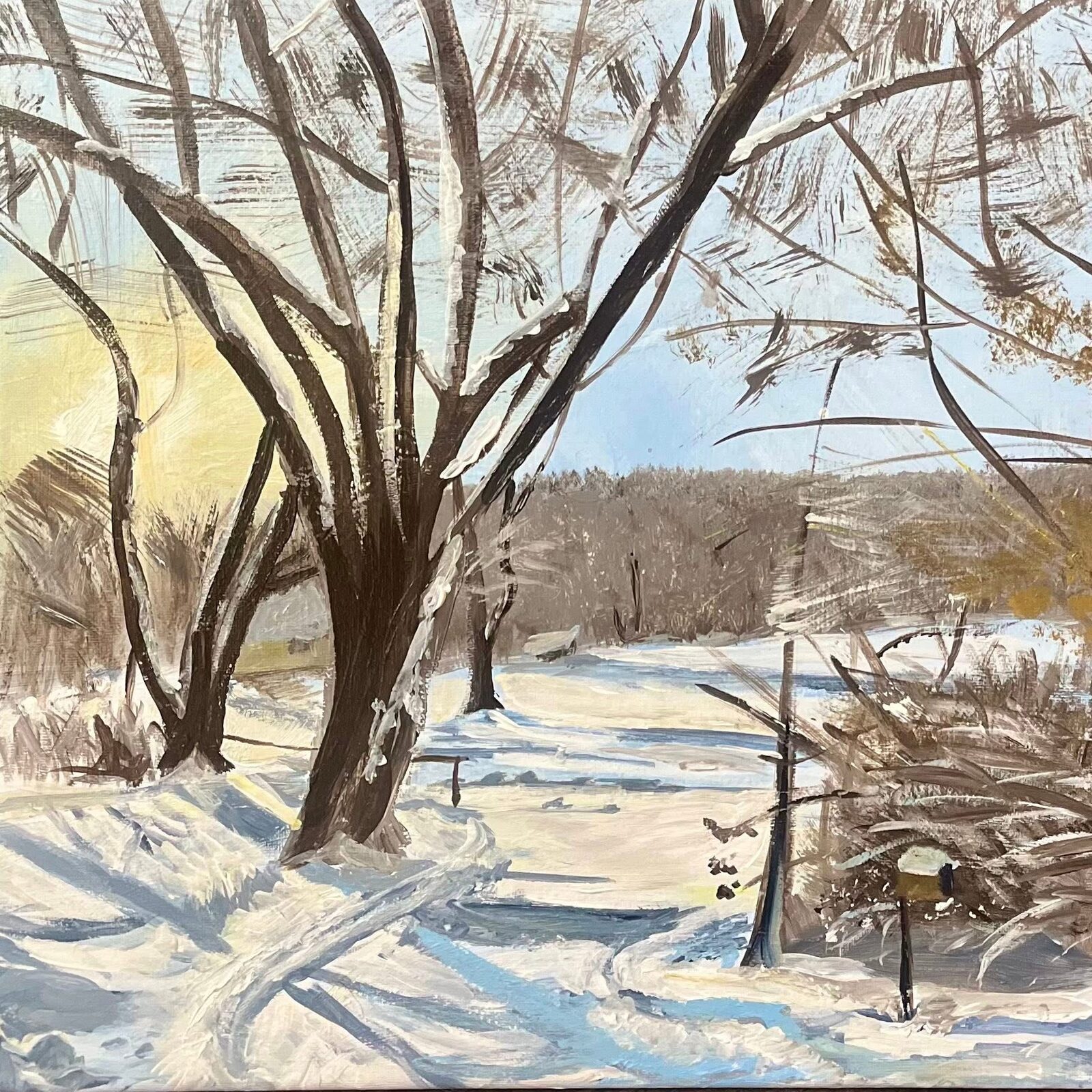 Faith Viens plein-air painting of a sunlit snowy landscape with bare trees