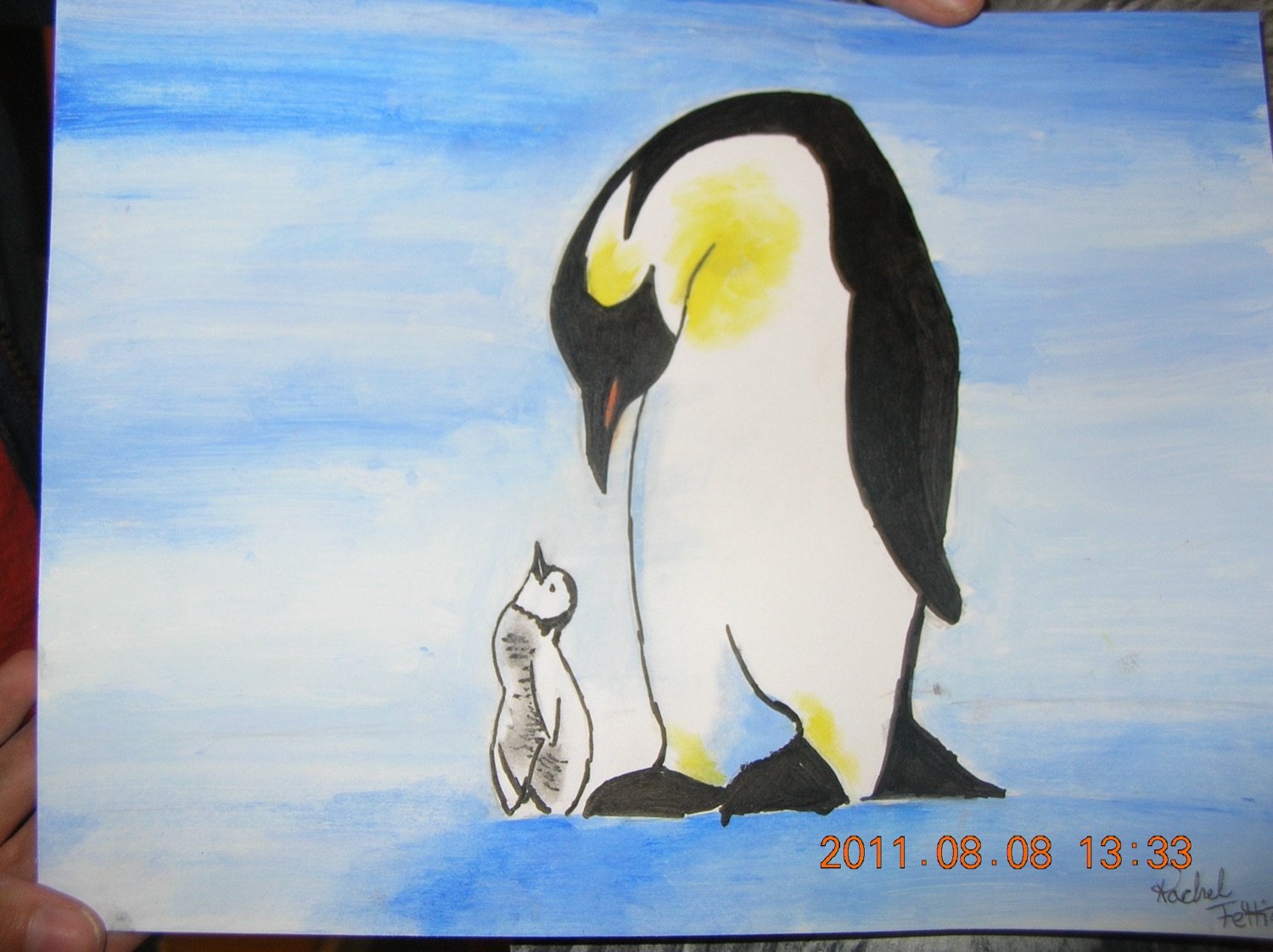 Student watercolor of an emperor penguin and chick