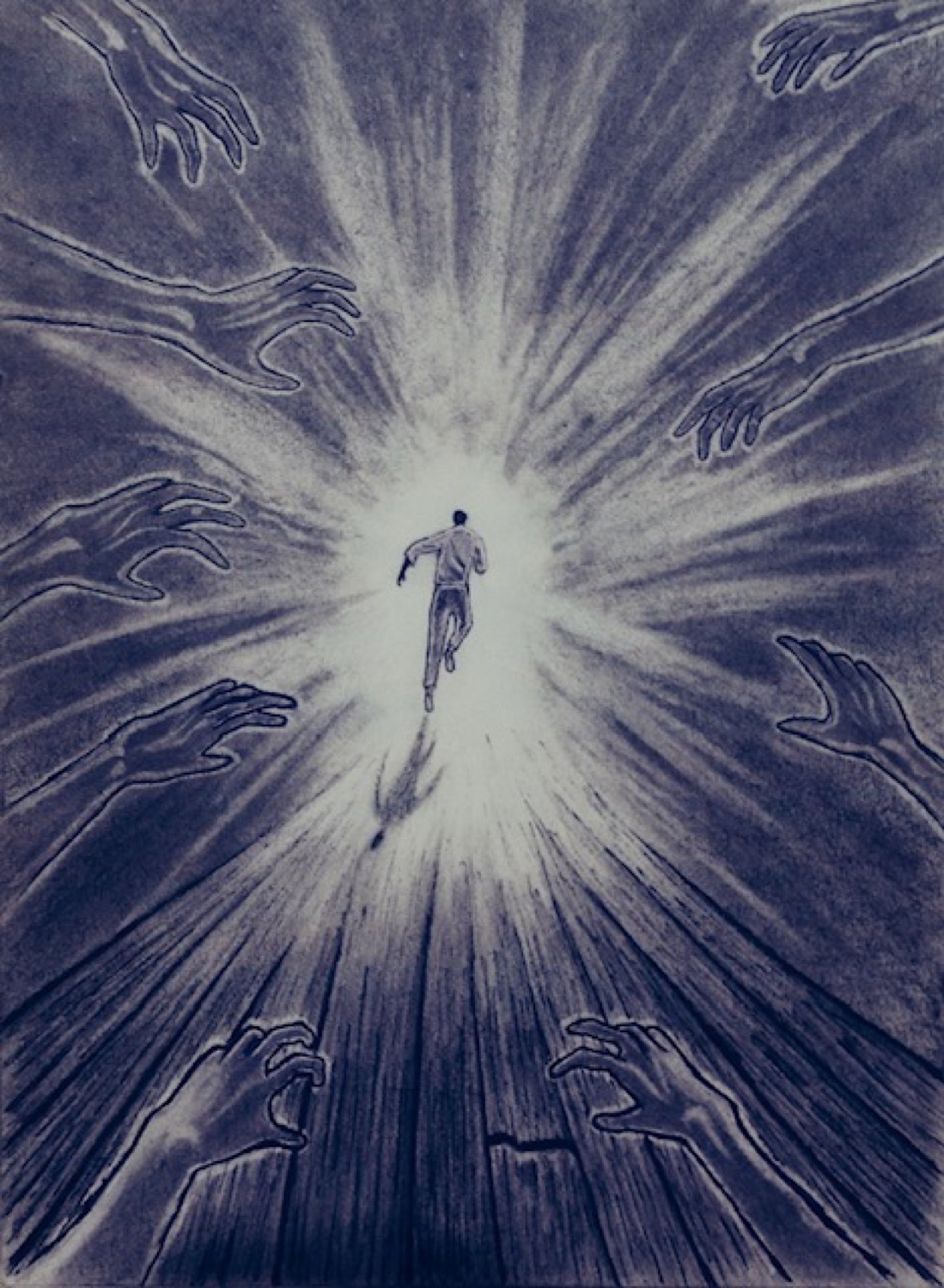 Student drawing of a figure running into light surrounded by reaching hands