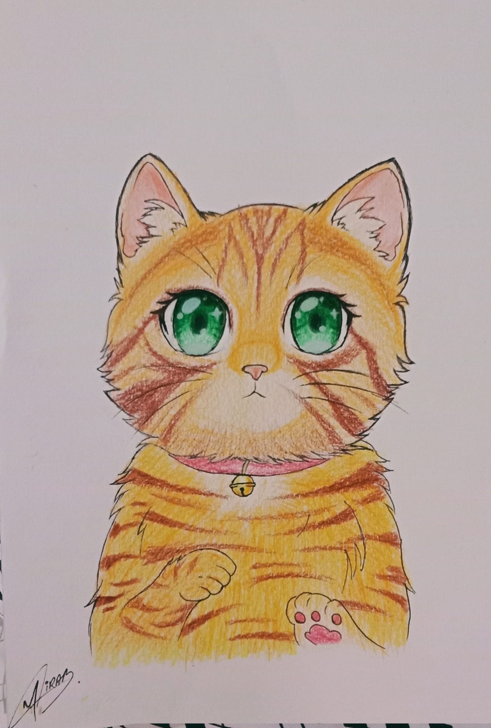Student colored-pencil drawing of a big-eyed kitten