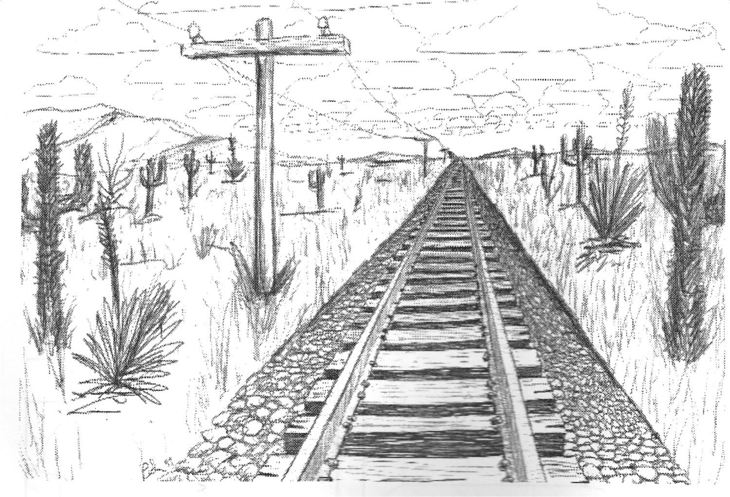 Pen and ink drawing of railroad tracks receding to a vanishing point