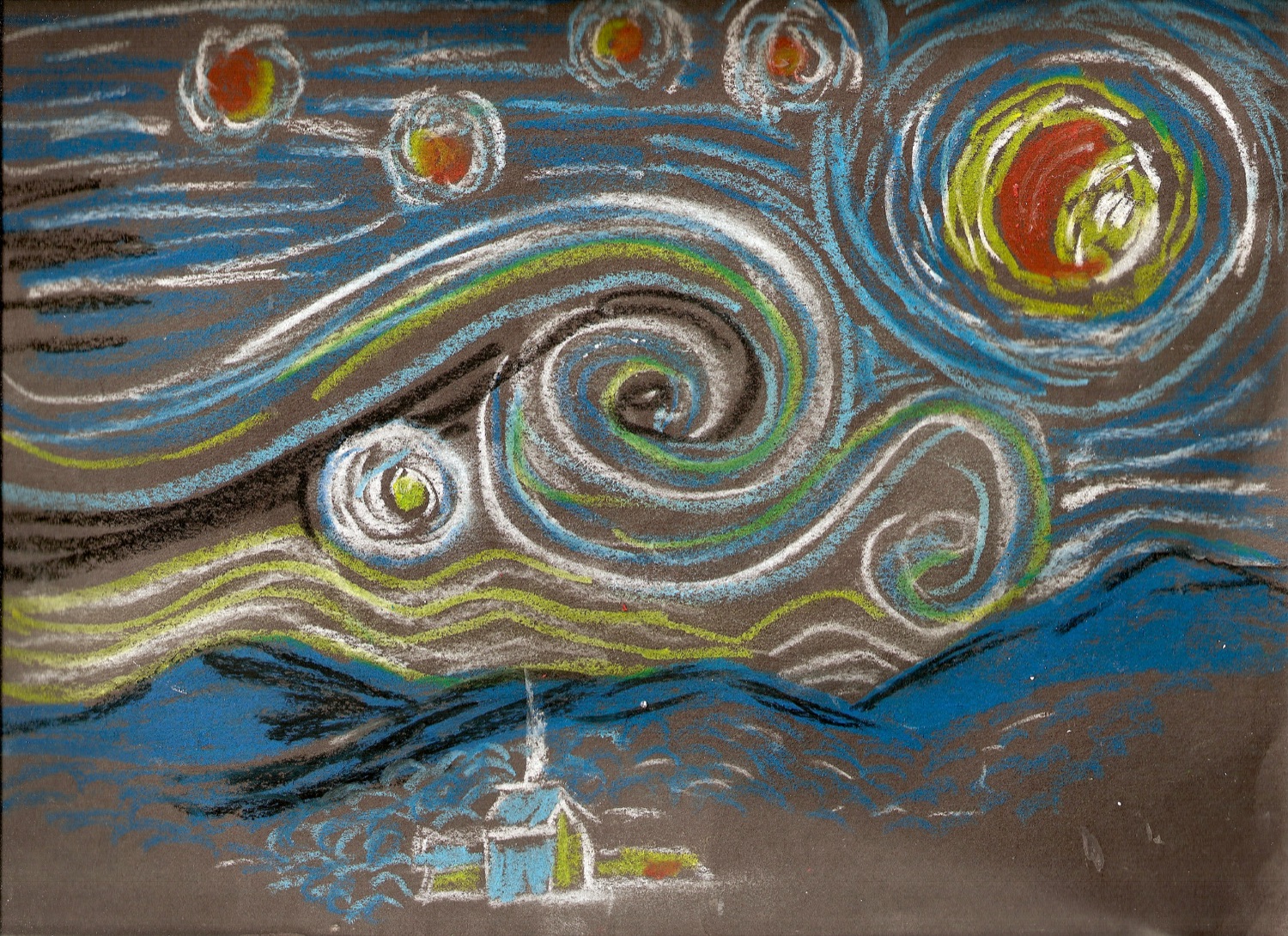 Student chalk pastel study after Van Gogh's Starry Night