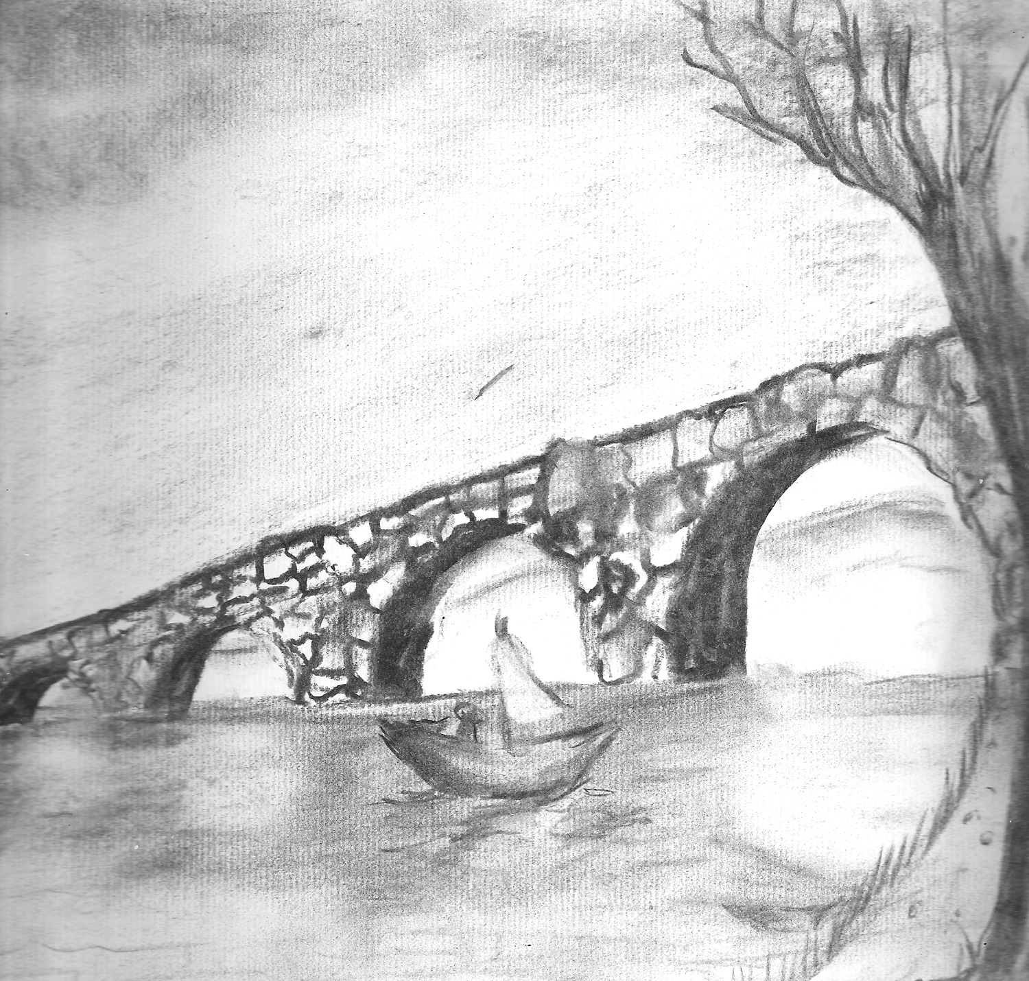 Student graphite drawing of a stone arch bridge and small boat
