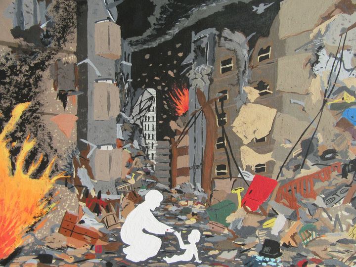 Mother and Child in the Ruins mixed media artwork
