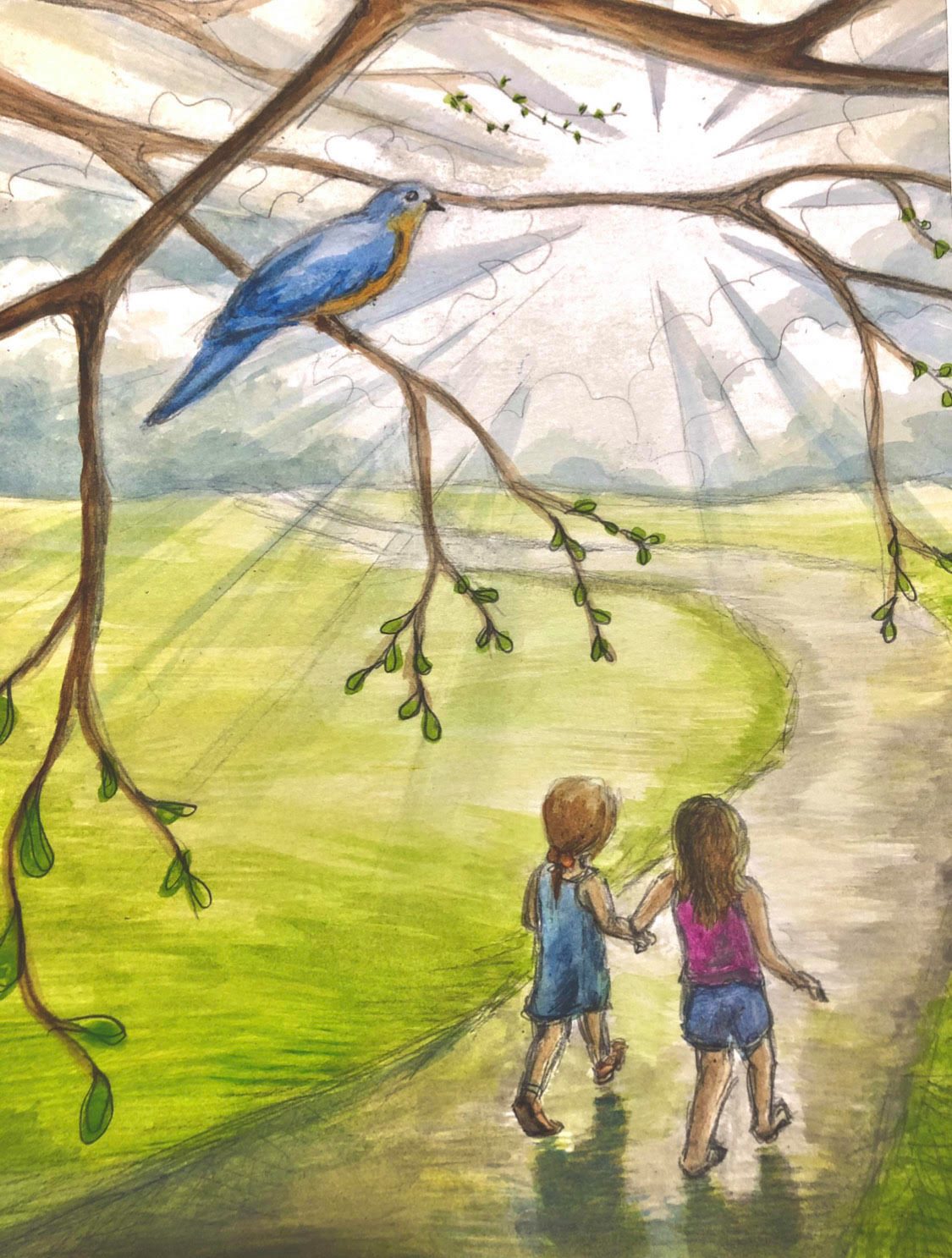 Two Children and the Bluebird illustration