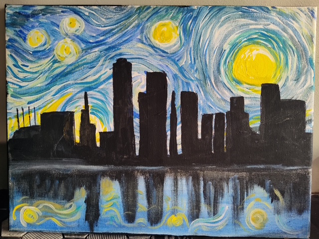 Starry Night style city skyline painting